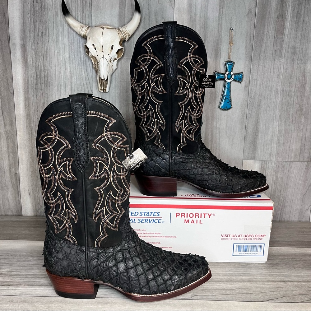 Cody James Exotic Pirarucu Genuine Fish Boots Mens 8 D Leather Western Cowboy